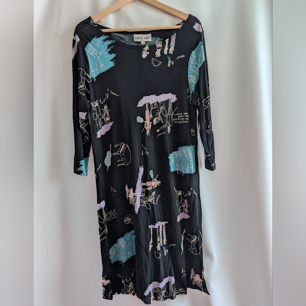 Vintage David Dart Music Lover Rayon Midi Dress 3/4 Sleeves - L